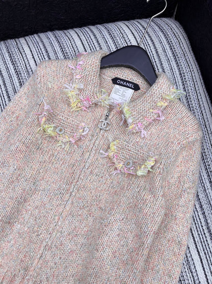 Vintage Zippered Lace-Trimmed Jacket (Brown/Yellow/Pink)