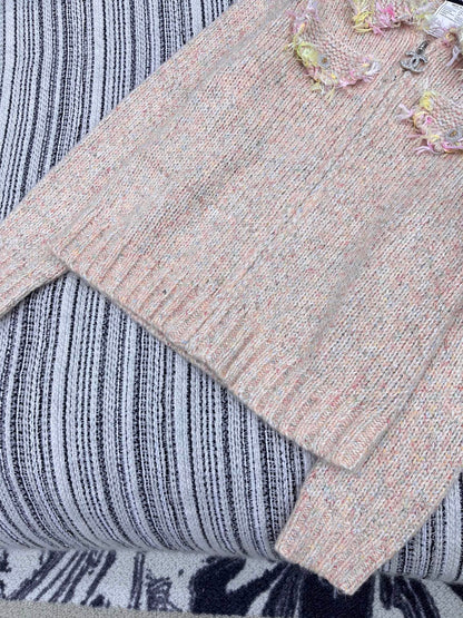 Vintage Zippered Lace-Trimmed Jacket (Brown/Yellow/Pink)