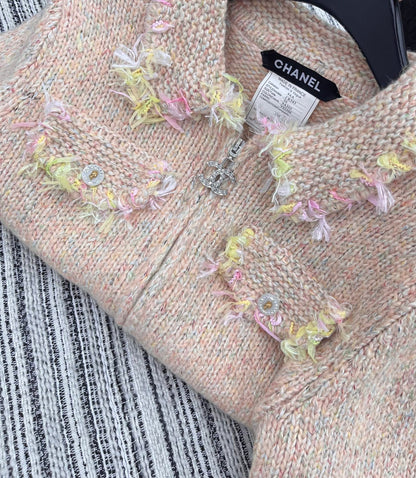 Vintage Zippered Lace-Trimmed Jacket (Brown/Yellow/Pink)