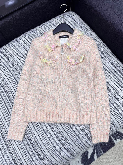 Vintage Zippered Lace-Trimmed Jacket (Brown/Yellow/Pink)