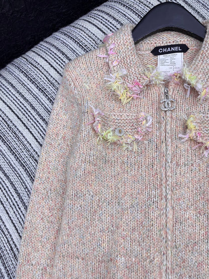 Vintage Zippered Lace-Trimmed Jacket (Brown/Yellow/Pink)