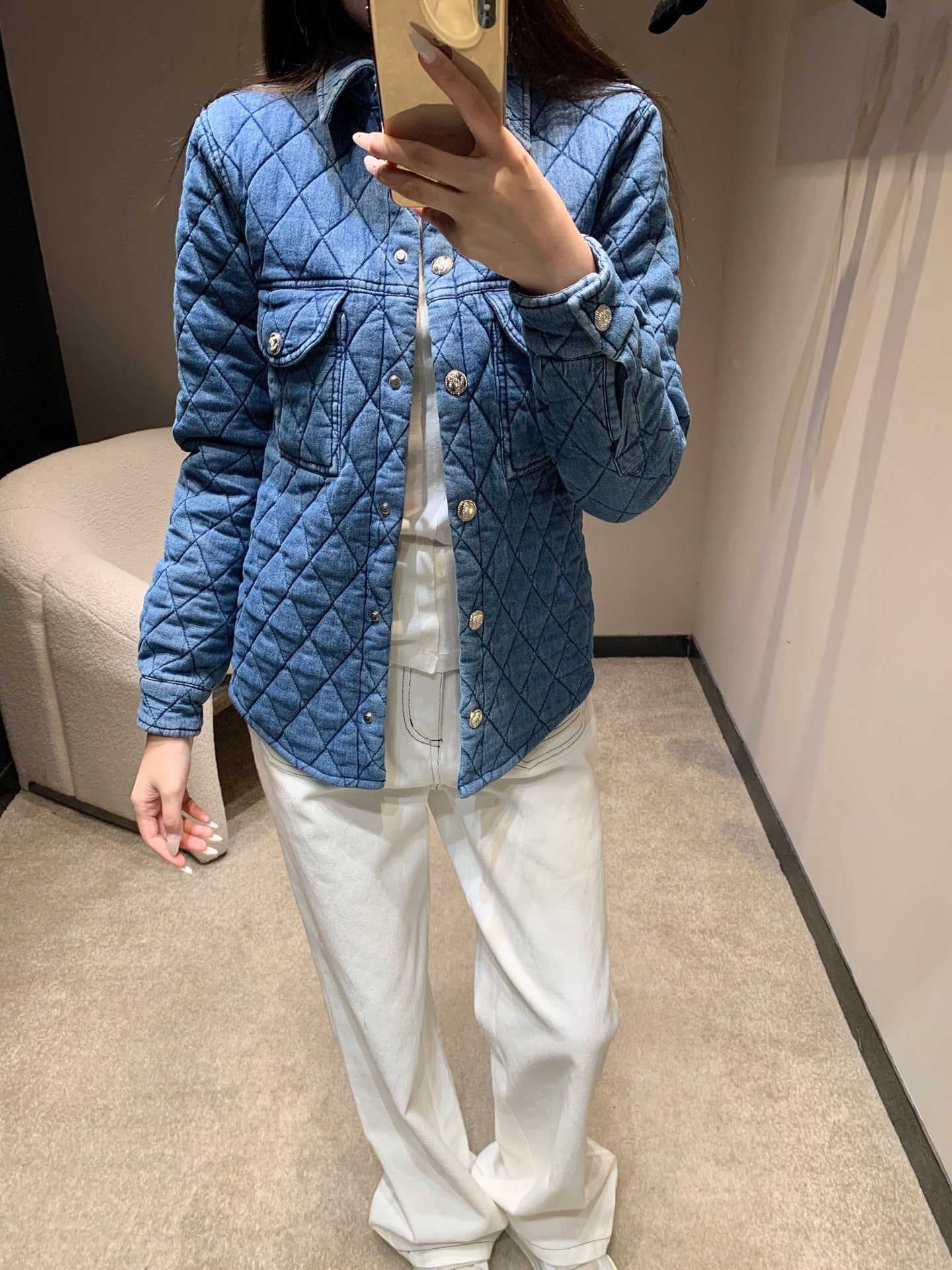 Diamond-patterned quilted denim shirt jacket