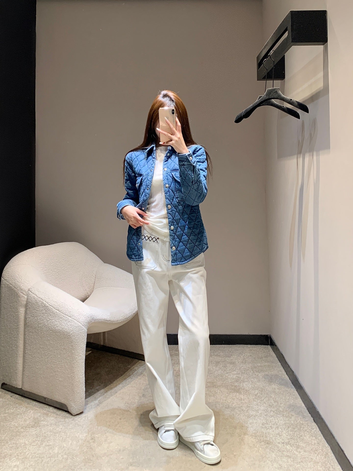 Diamond-patterned quilted denim shirt jacket