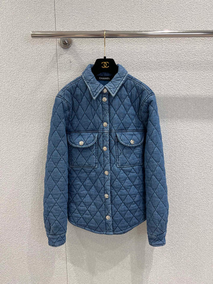 Diamond-patterned quilted denim shirt jacket