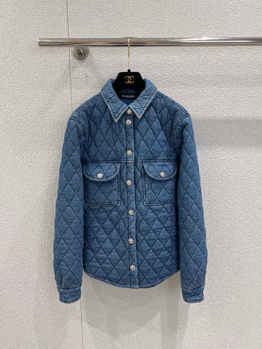 C 25 Diamond-patterned quilted denim shirt jacket, high-end handcrafted series.