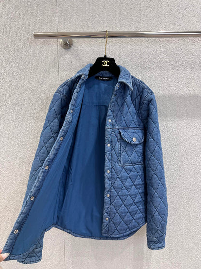 Diamond-patterned quilted denim shirt jacket