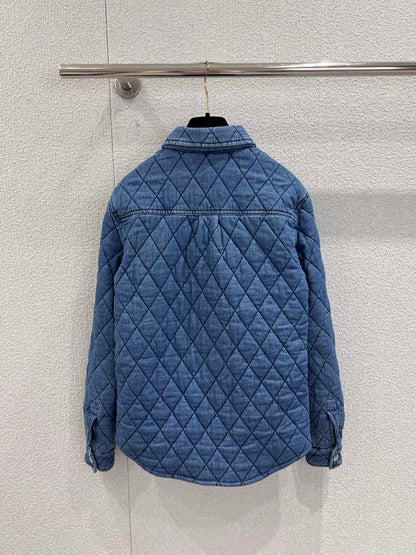 Diamond-patterned quilted denim shirt jacket