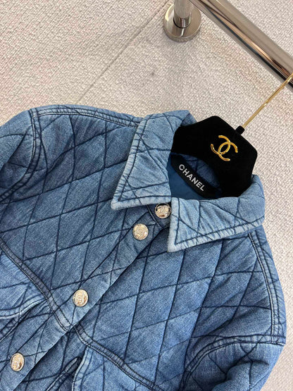 Diamond-patterned quilted denim shirt jacket