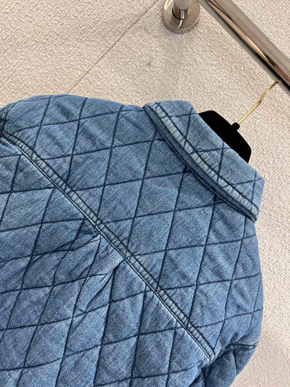 Diamond-patterned quilted denim shirt jacket