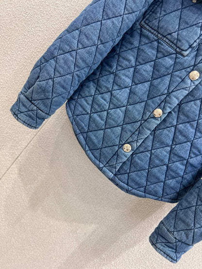 Diamond-patterned quilted denim shirt jacket