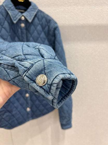 Diamond-patterned quilted denim shirt jacket