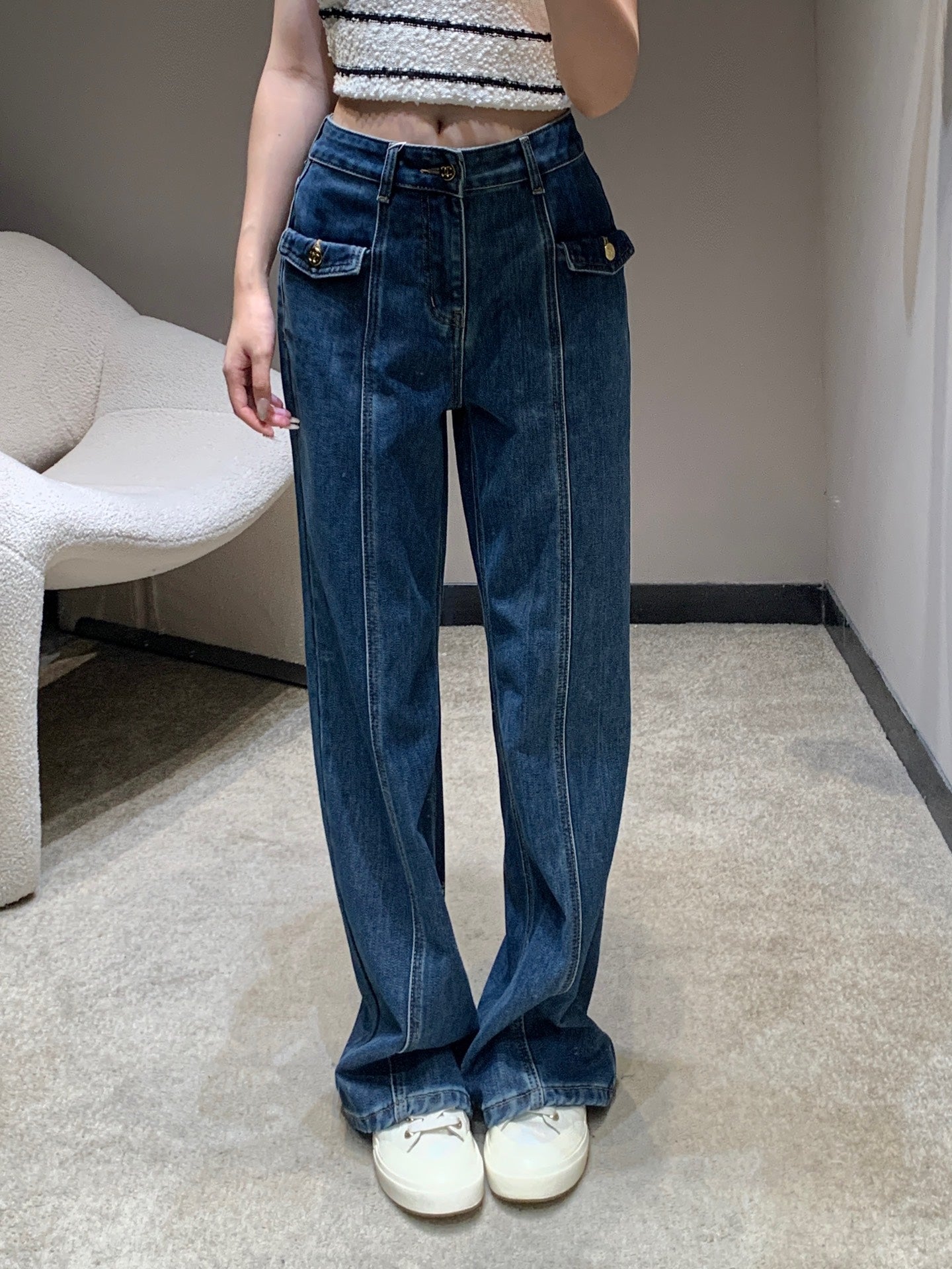 New style straight leg jeans with gold buttons