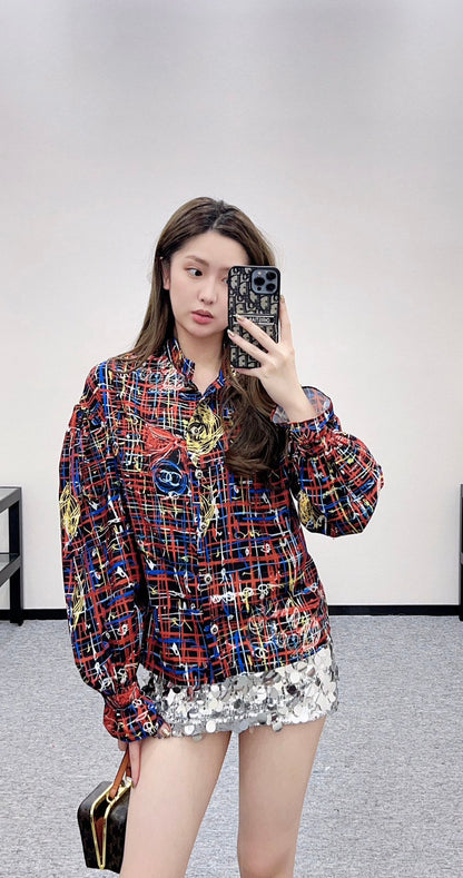 Printed lantern sleeve shirt