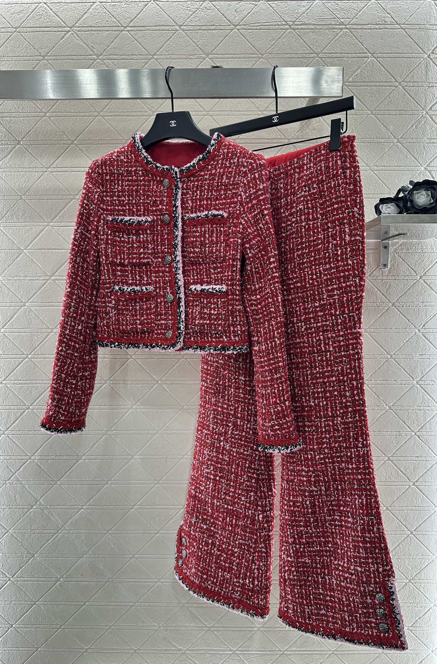 High-waisted woven flared trousers