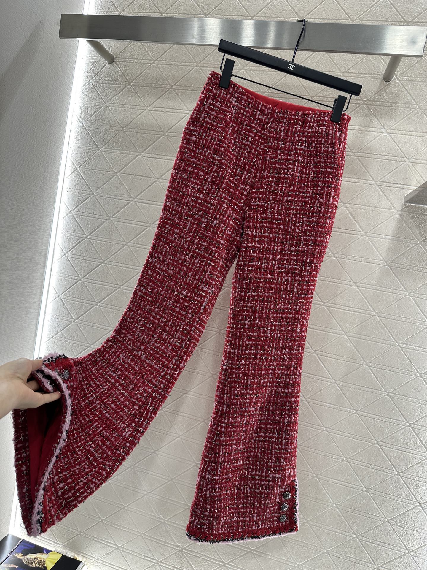 High-waisted woven flared trousers