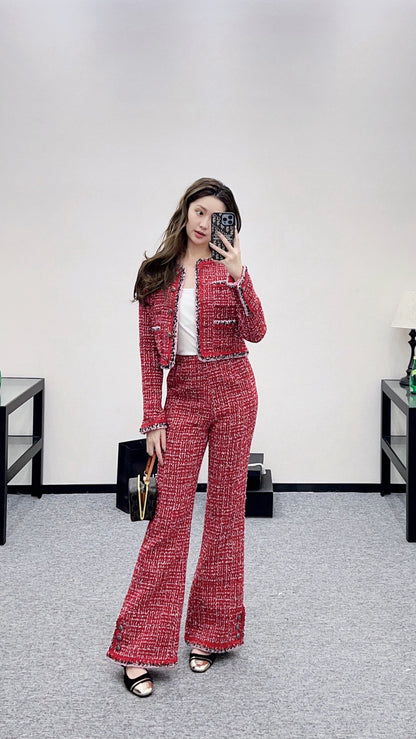 High-waisted woven flared trousers
