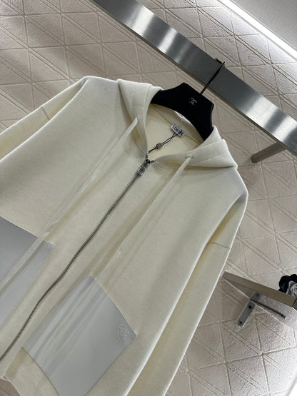 Hooded zip-up cowhide pocket wool coat