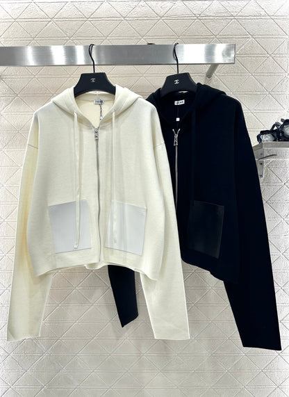 Hooded zip-up cowhide pocket wool coat