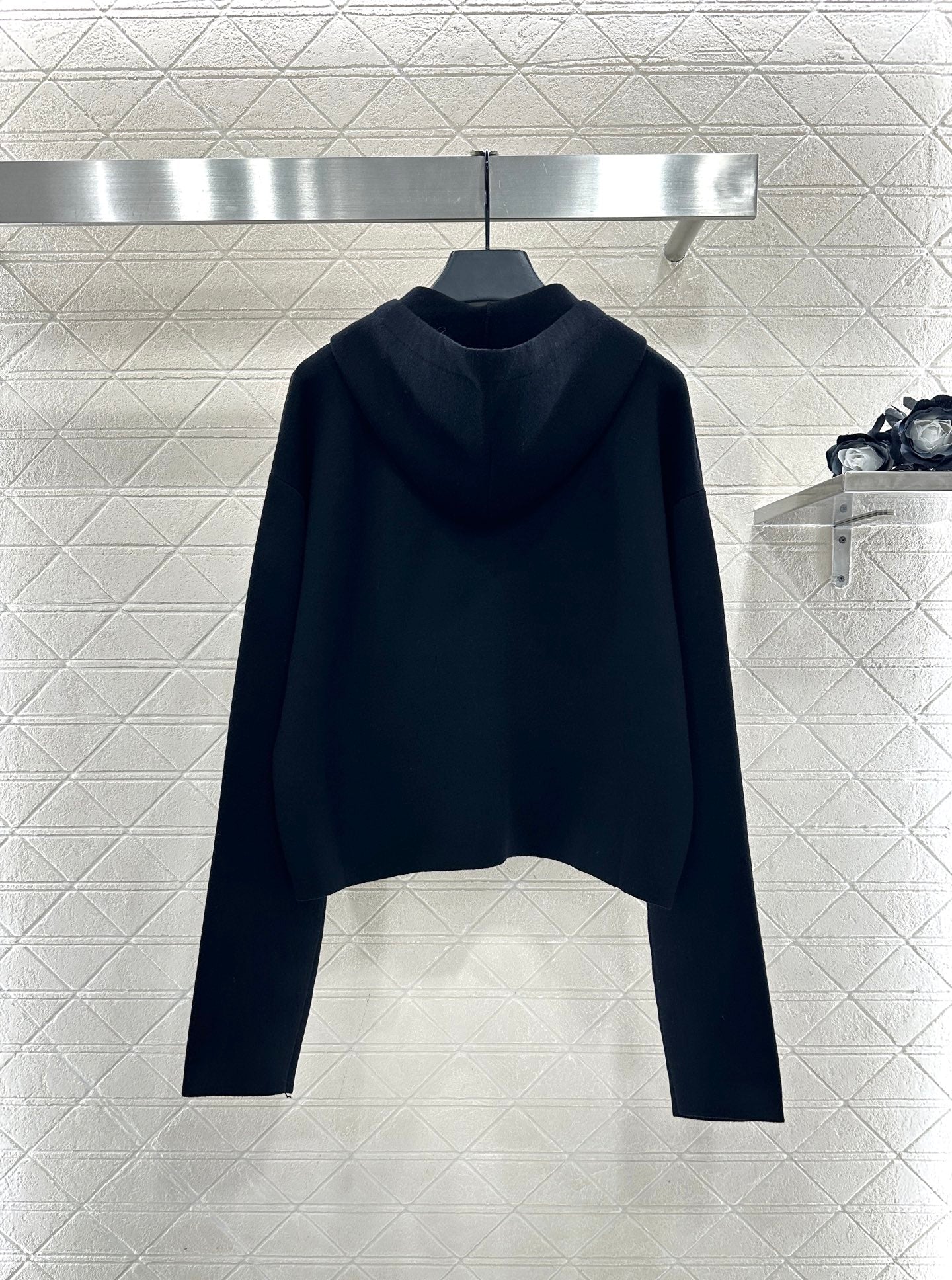 Hooded zip-up cowhide pocket wool coat