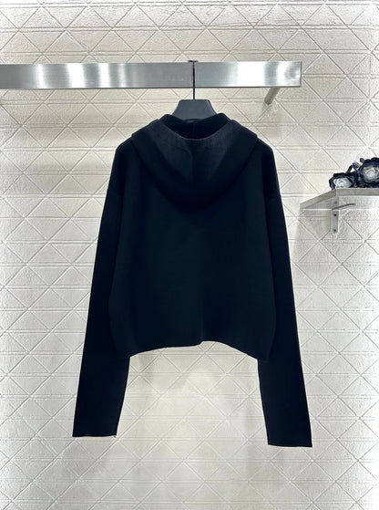 Hooded zip-up cowhide pocket wool coat