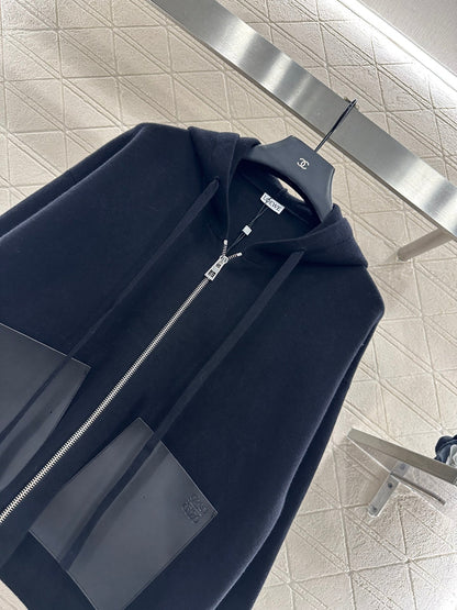 Hooded zip-up cowhide pocket wool coat