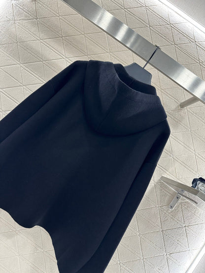 Hooded zip-up cowhide pocket wool coat