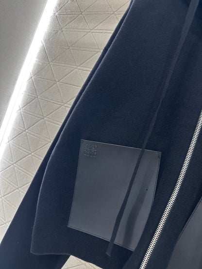 Hooded zip-up cowhide pocket wool coat