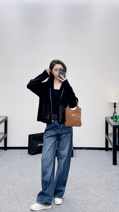 Hooded zip-up cowhide pocket wool coat