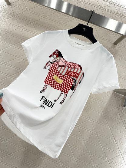 Round neck horse racing print short-sleeved shirt