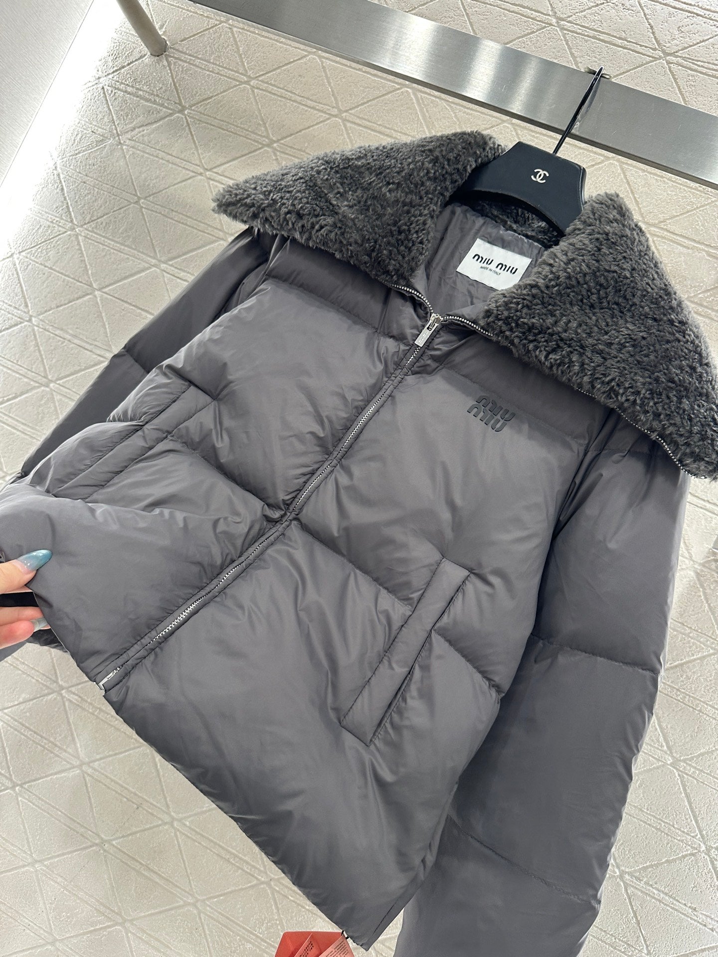 down jacket with large fur collar