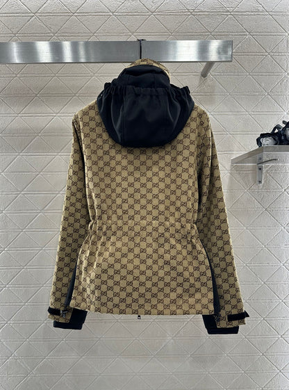 Hooded belted jacquard cotton coat