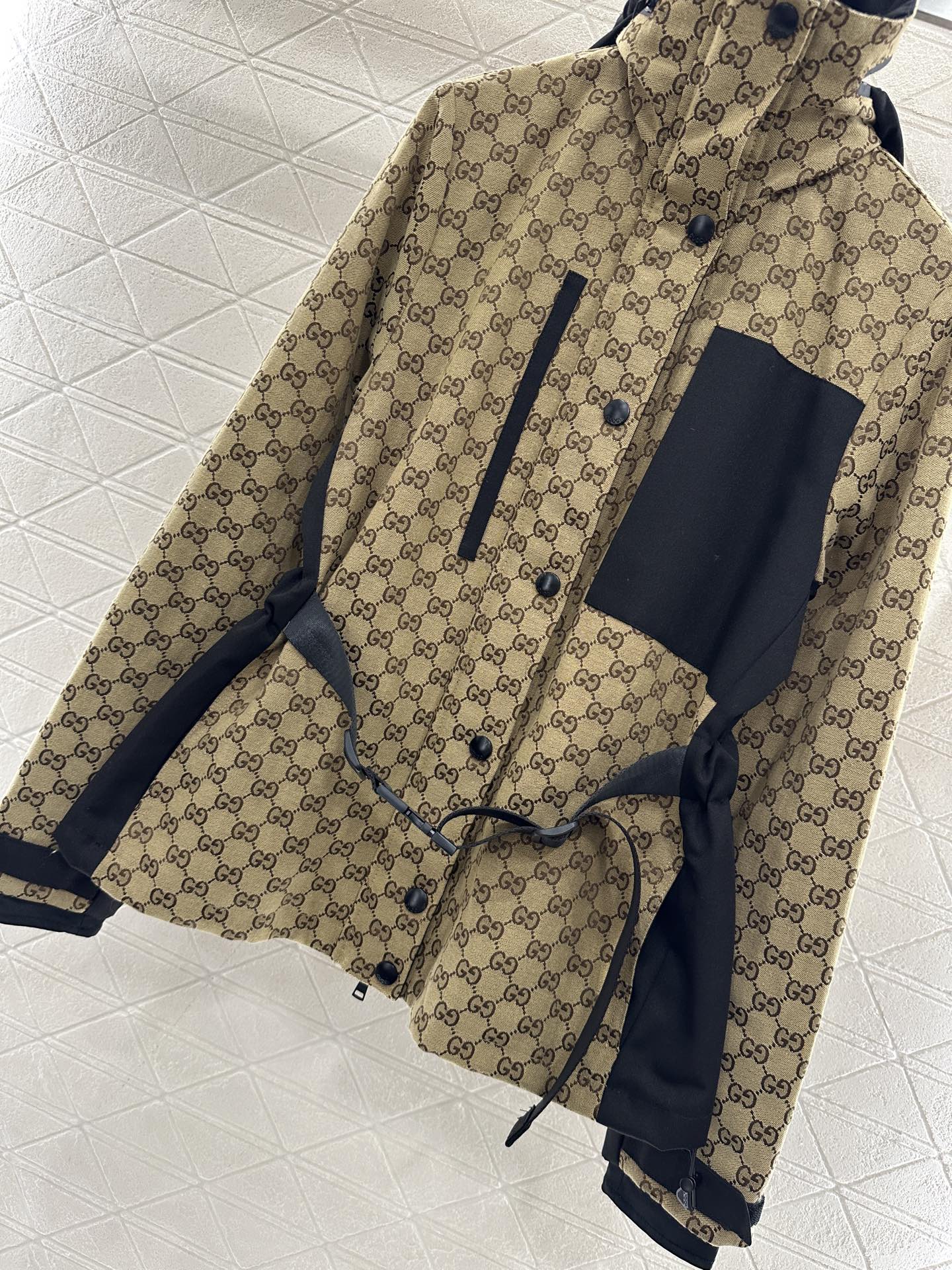 Hooded belted jacquard cotton coat