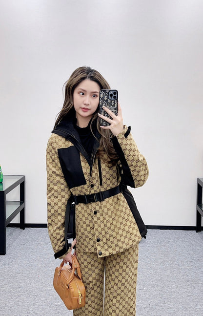 Hooded belted jacquard cotton coat