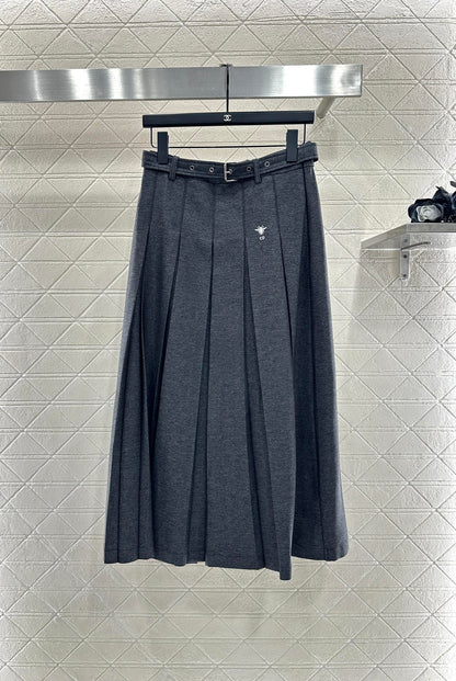 Belted midi pleated skirt