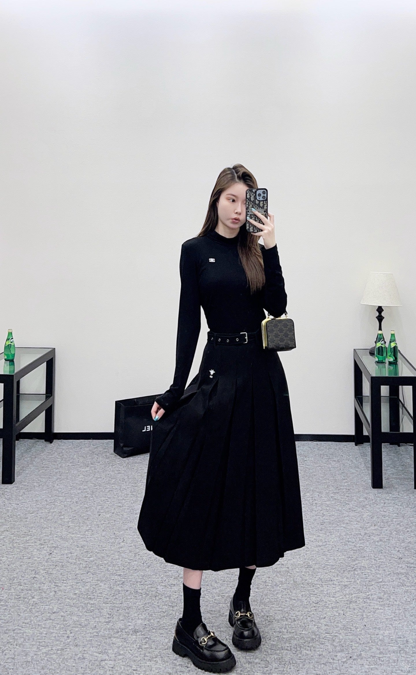 Belted midi pleated skirt