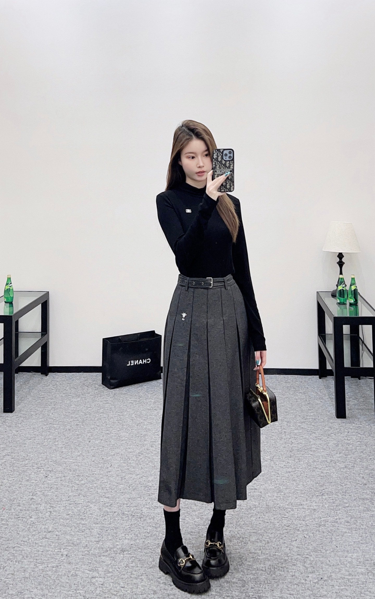 Belted midi pleated skirt