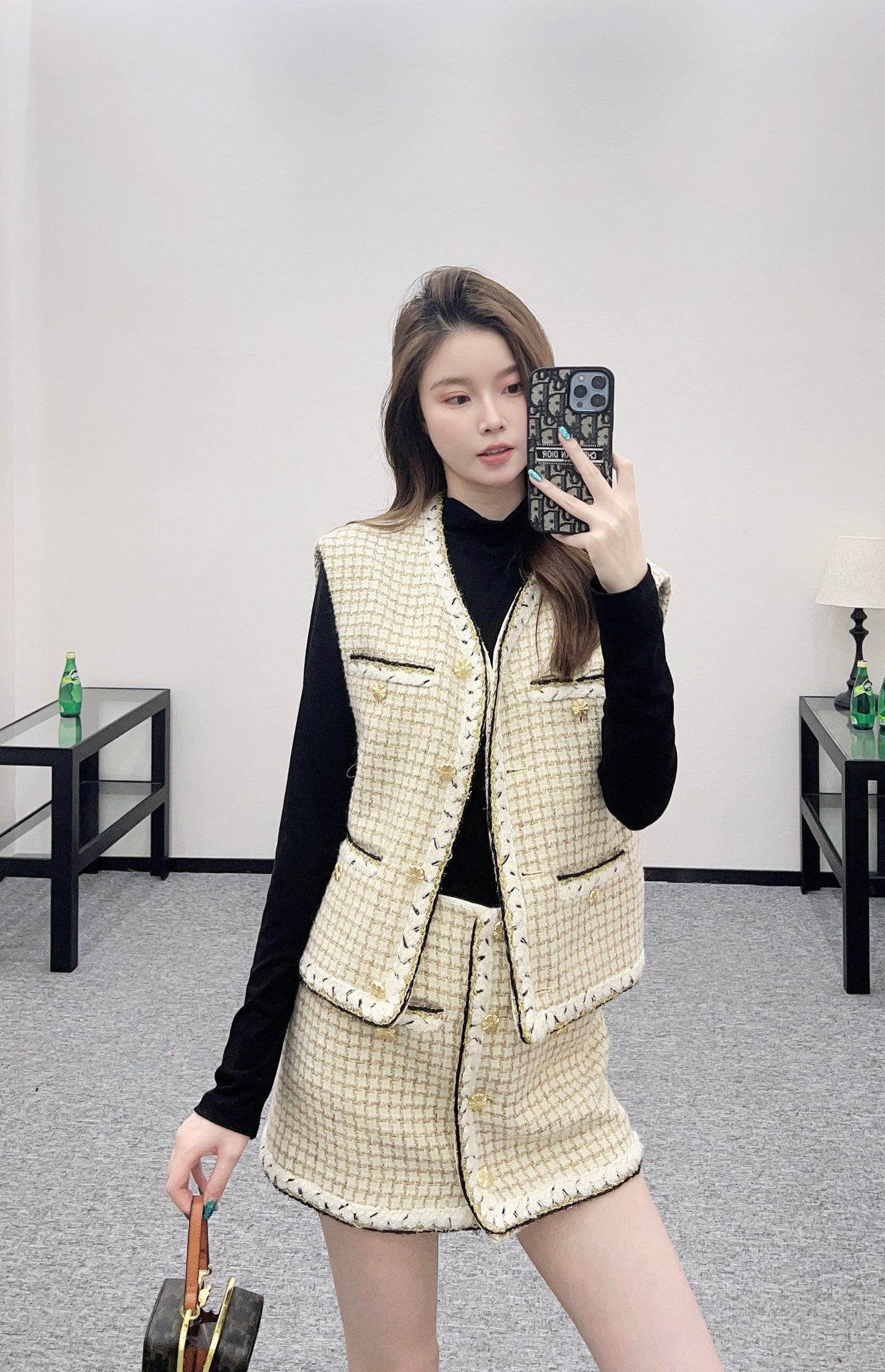 Woven plaid vest and skirt set