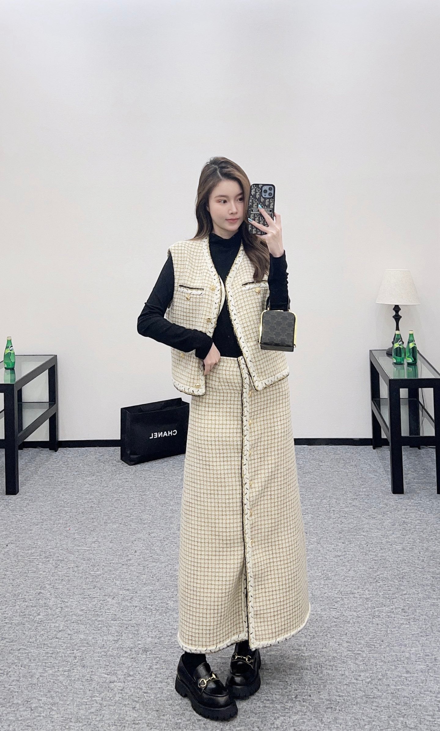 Woven plaid midi skirt