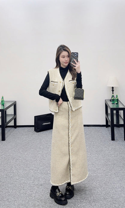 Woven plaid midi skirt