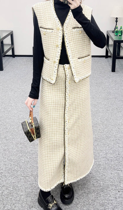 Woven plaid midi skirt