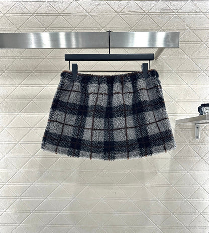 Plaid Teddy Bear Plush Midi Skirt