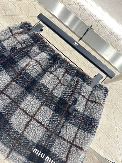 Plaid Teddy Bear Plush Midi Skirt