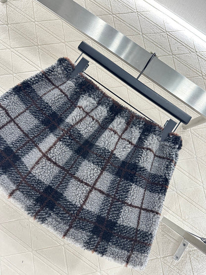 Plaid Teddy Bear Plush Midi Skirt