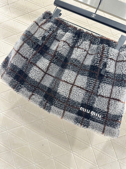 Plaid Teddy Bear Plush Midi Skirt