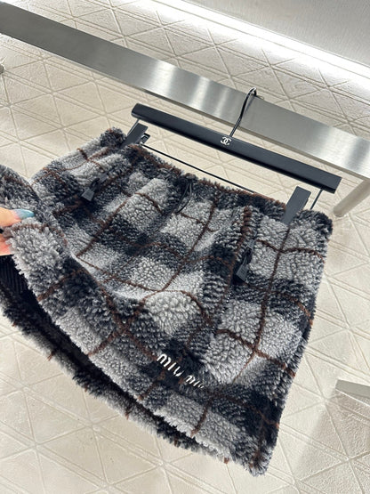 Plaid Teddy Bear Plush Midi Skirt