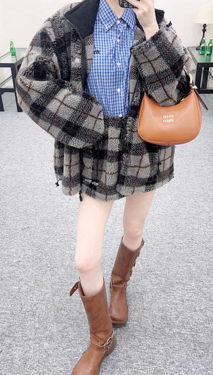Plaid Teddy Bear Plush Midi Skirt