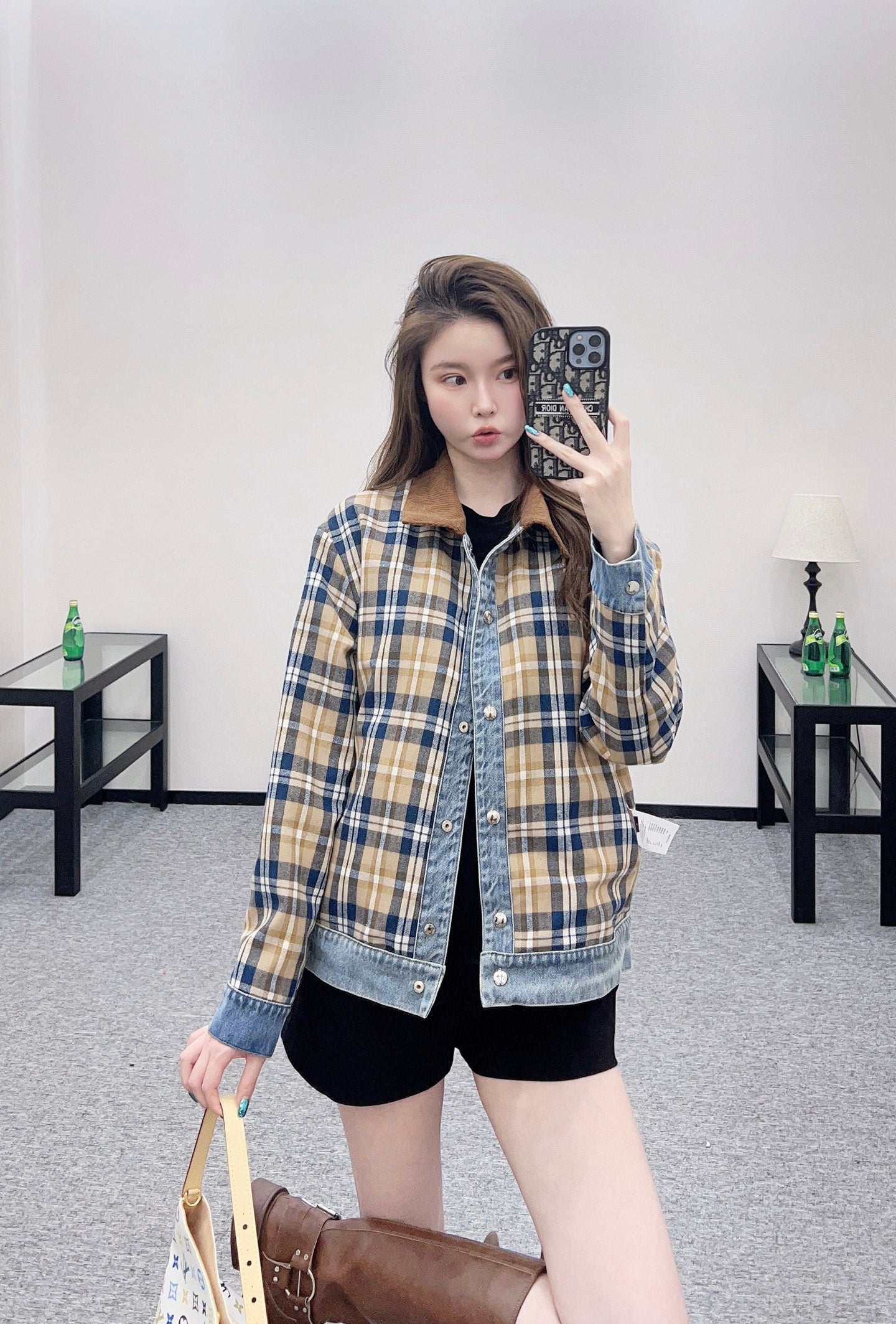 Reversible plaid collar denim jacket
