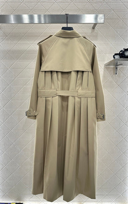 Pleated belted long trench coat