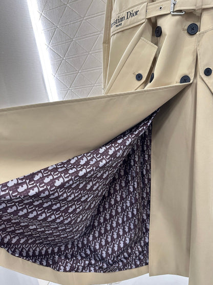 Pleated belted long trench coat