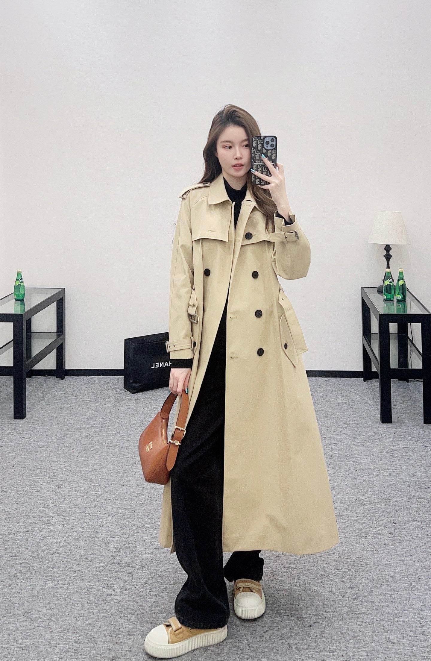 Pleated belted long trench coat